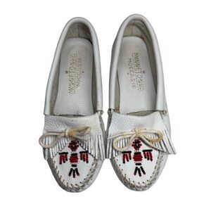 Minnetonka White Moccasins with Red and Black Embroidery
